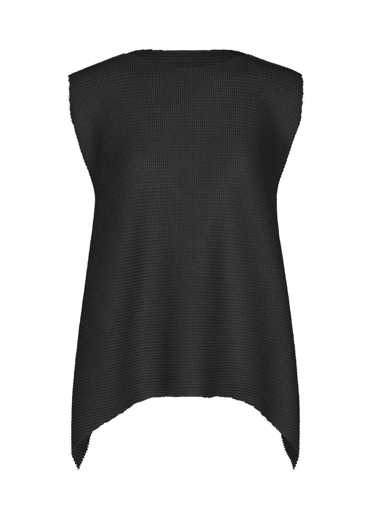 TOWER KNIT STRETCH PLEATS by me ISSEY MIYAKE is a sleeveless black poncho made from soft-textured knit, showcasing wide shoulders and a pointed hem, presented flat against a white background. view 2 of 9
