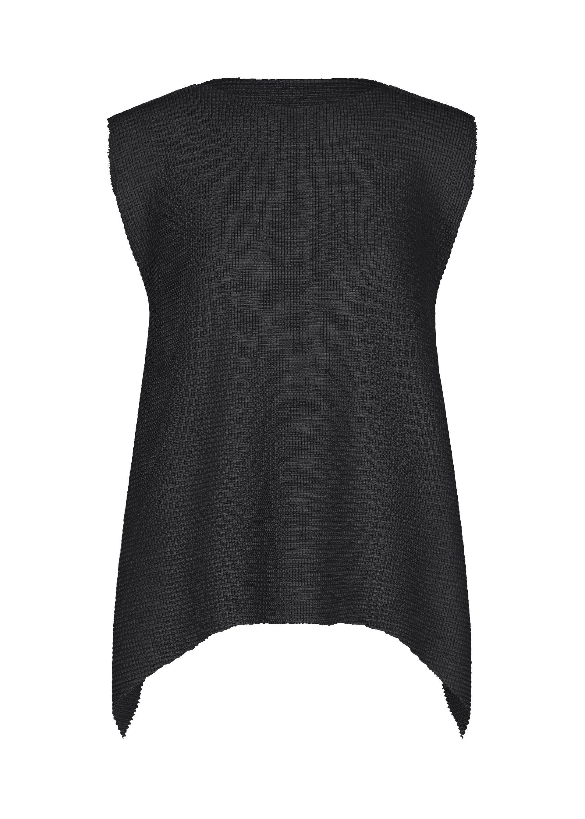 Zoomed view TOWER KNIT STRETCH PLEATS by me ISSEY MIYAKE is a sleeveless black poncho made from soft-textured knit, showcasing wide shoulders and a pointed hem, presented flat against a white background. - BLACK （no.15）
