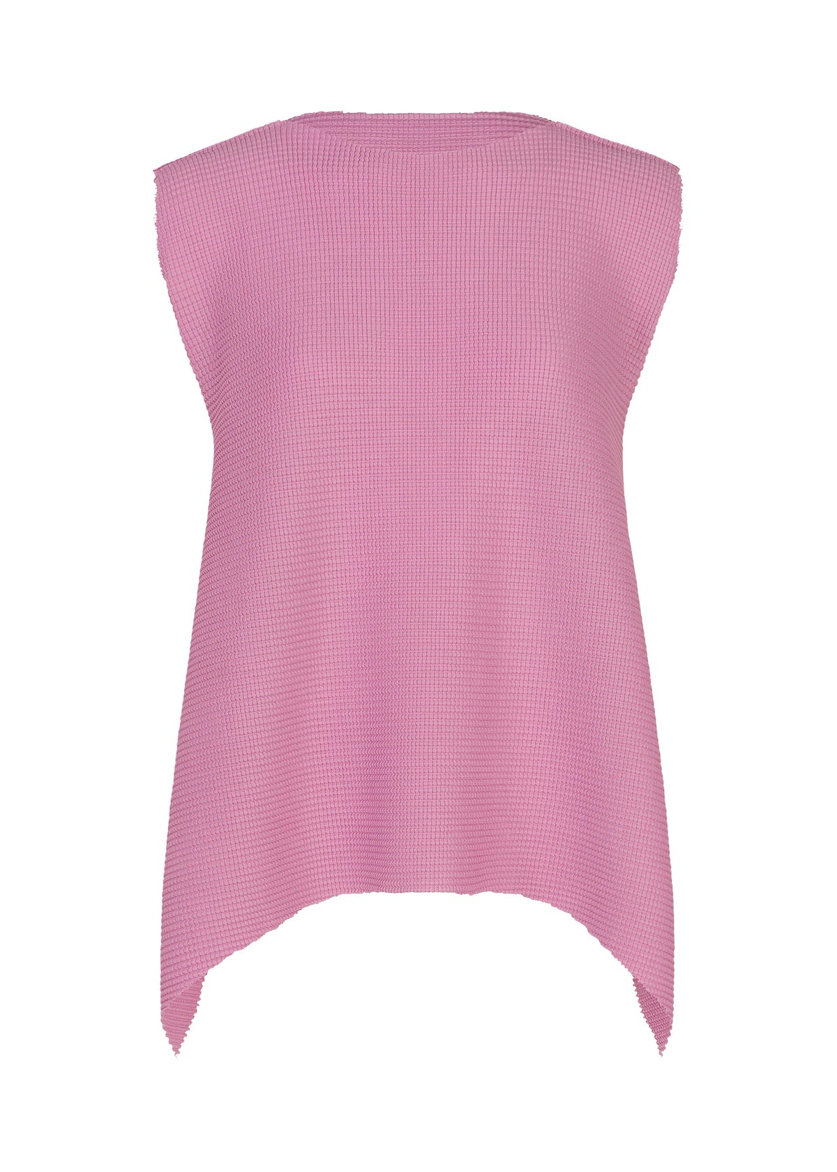 Sleeveless, light pink TOWER KNIT STRETCH PLEATS top by me ISSEY MIYAKE, featuring a soft-textured knit, loose fit, and asymmetrical hem, displayed against a white background. view 3 of 9