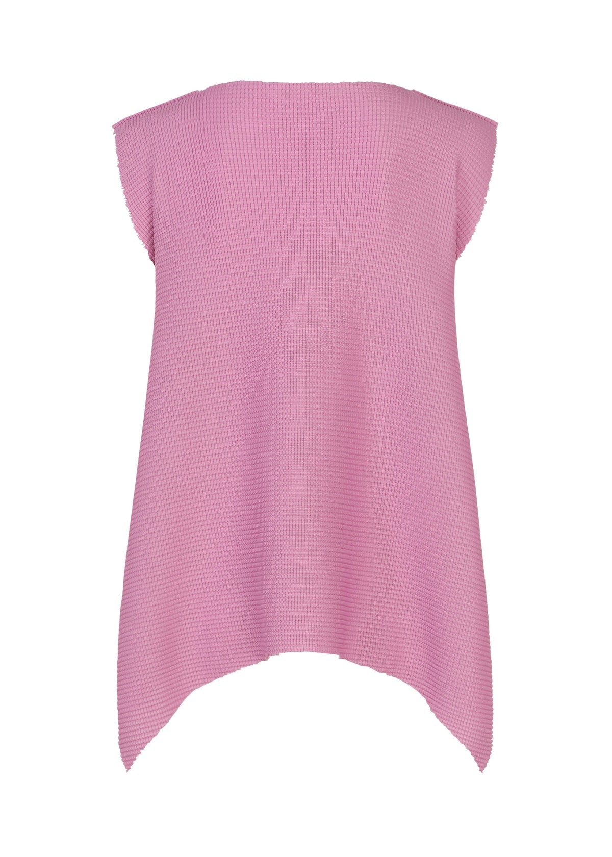 The TOWER KNIT STRETCH PLEATS from me ISSEY MIYAKE is a sleeveless pink top with a soft texture, wide neckline, and asymmetrical hem, featuring subtle knit stretch pleats and displayed on a white background. view 4 of 9