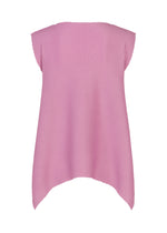 The TOWER KNIT STRETCH PLEATS from me ISSEY MIYAKE is a sleeveless pink top with a soft texture, wide neckline, and asymmetrical hem, featuring subtle knit stretch pleats and displayed on a white background.