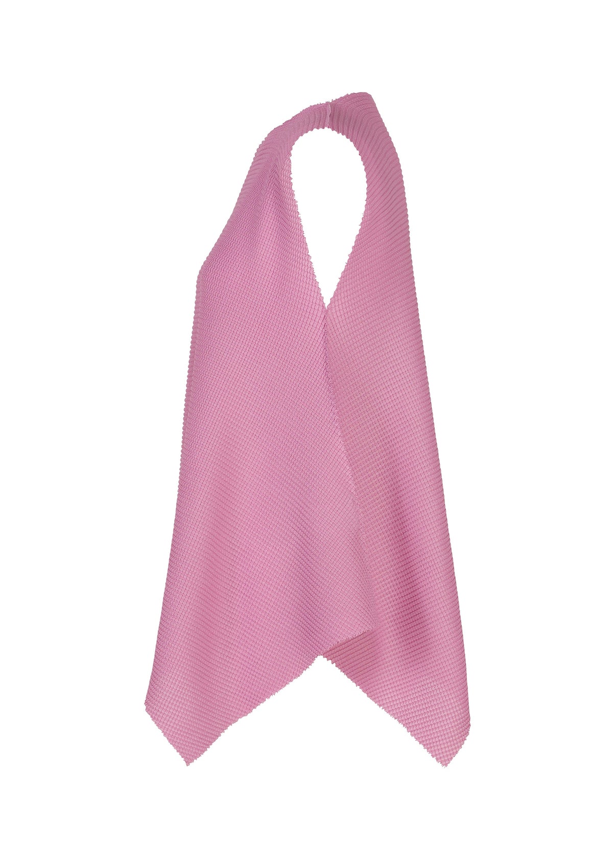 The TOWER KNIT STRETCH PLEATS by me ISSEY MIYAKE is a soft pink, sleeveless halter-neck top made from a soft-textured knit with stretch pleats, shown against a plain white background. view 5 of 9