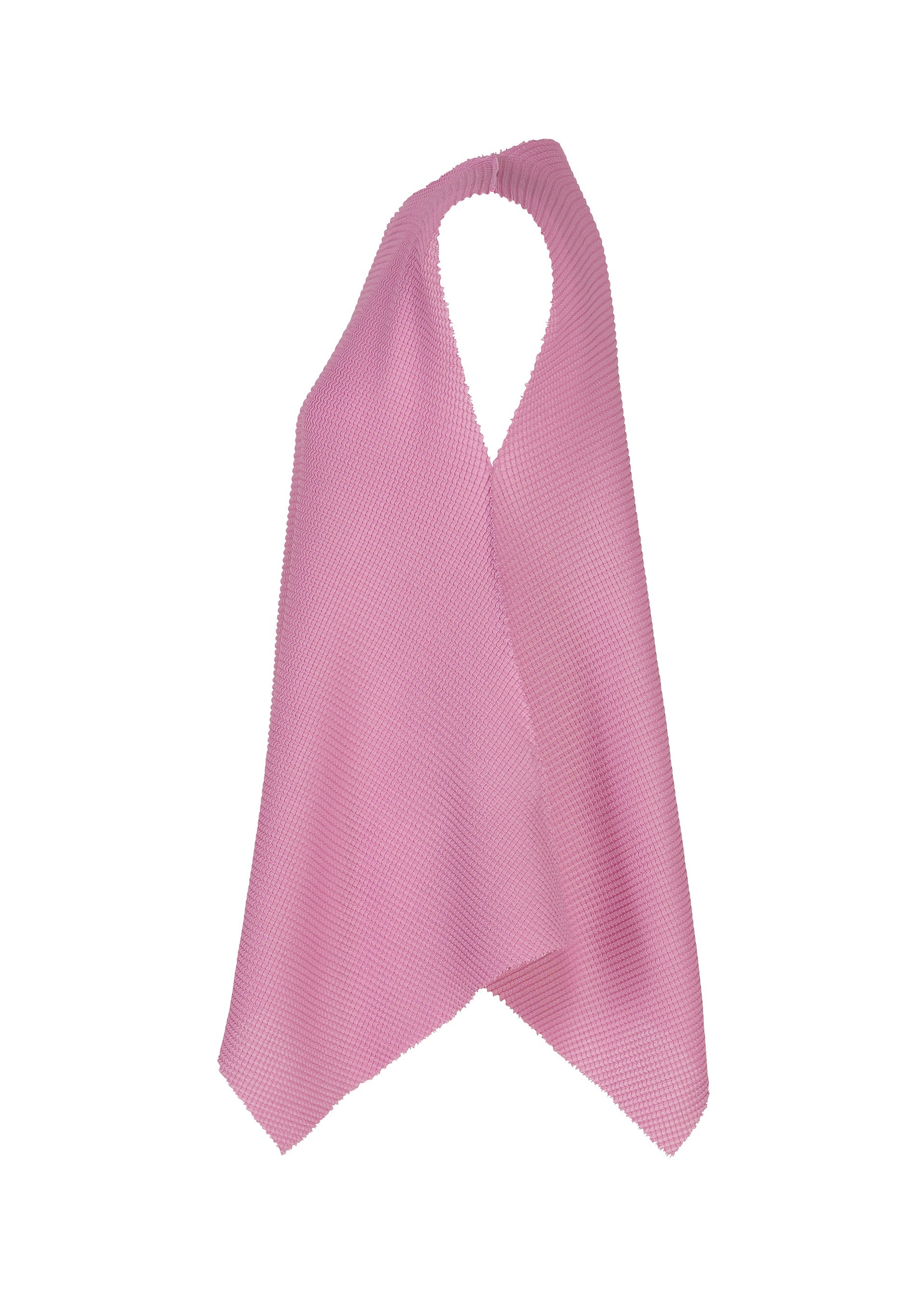 Zoomed view The TOWER KNIT STRETCH PLEATS by me ISSEY MIYAKE is a soft pink, sleeveless halter-neck top made from a soft-textured knit with stretch pleats, shown against a plain white background.