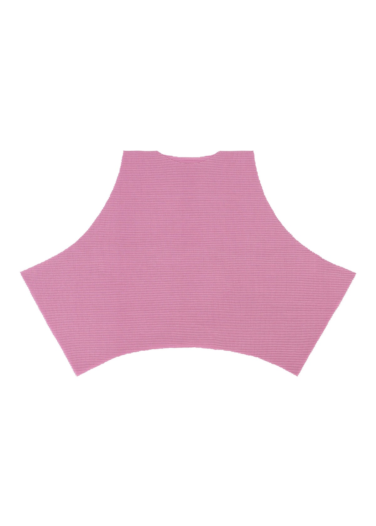 A flat, pink, irregularly shaped piece of TOWER KNIT STRETCH PLEATS fabric by me ISSEY MIYAKE, featuring a soft textured knit surface with subtle stretch pleats, displayed on a white background. view 6 of 9