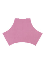 A flat, pink, irregularly shaped piece of TOWER KNIT STRETCH PLEATS fabric by me ISSEY MIYAKE, featuring a soft textured knit surface with subtle stretch pleats, displayed on a white background.