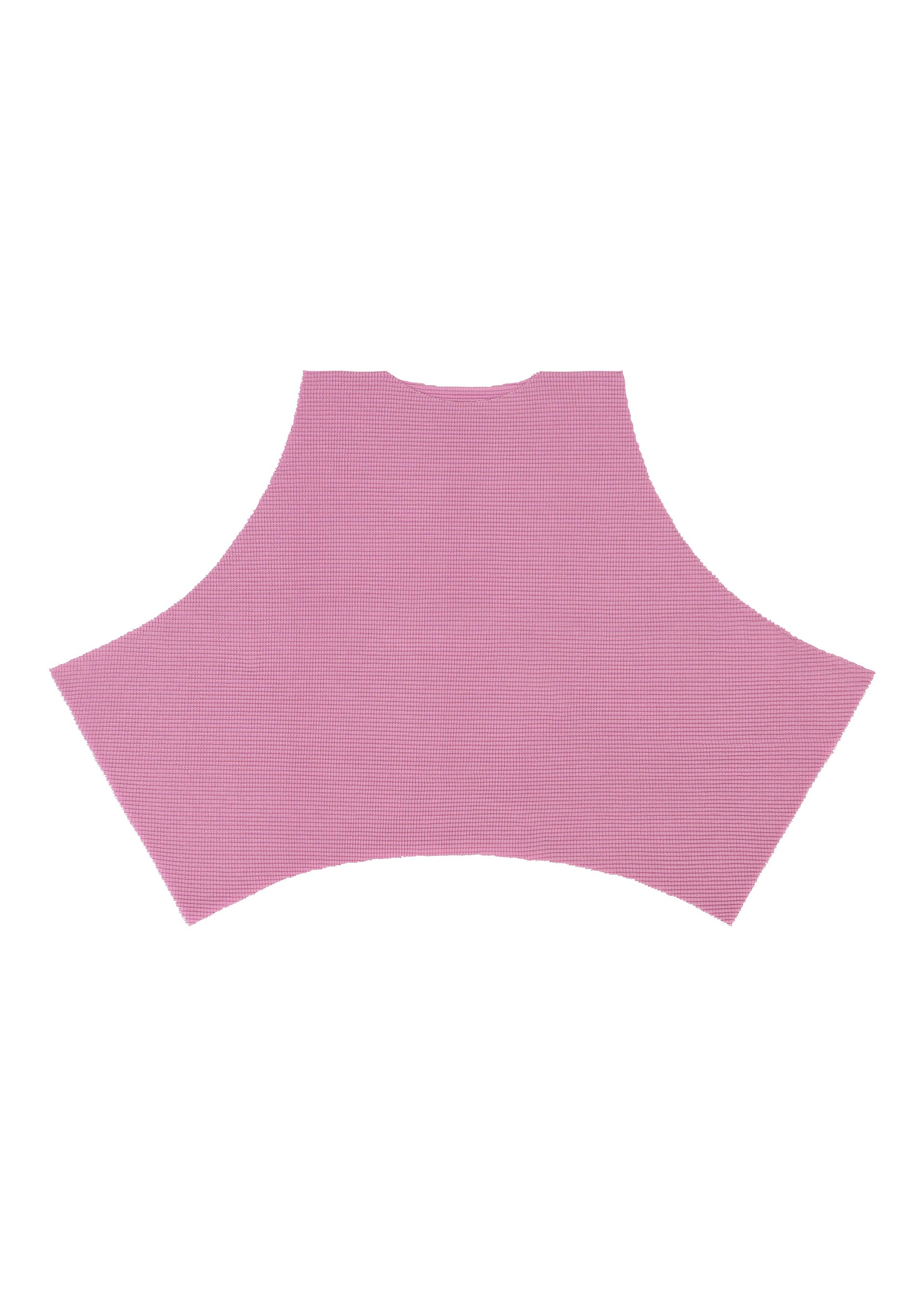 Zoomed view A flat, pink, irregularly shaped piece of TOWER KNIT STRETCH PLEATS fabric by me ISSEY MIYAKE, featuring a soft textured knit surface with subtle stretch pleats, displayed on a white background.