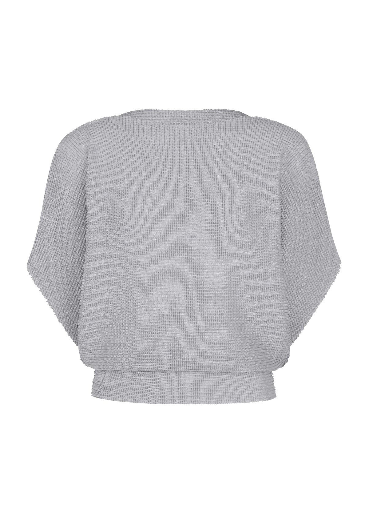 The TOWER KNIT STRETCH PLEATS by me ISSEY MIYAKE is displayed from the front against a plain white background, featuring a light gray color, short sleeves, and a loose-knit design with a soft-textured pleated knit pattern. view 1 of 8