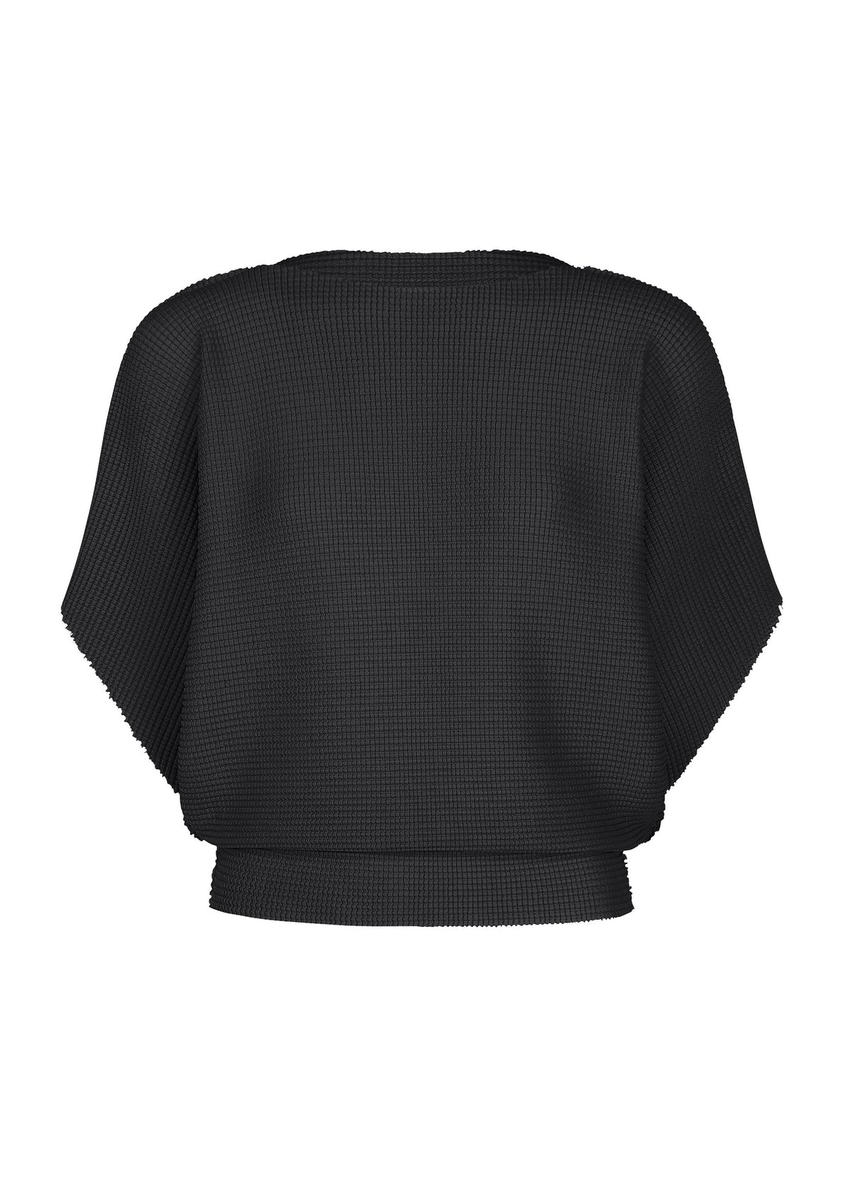 The TOWER KNIT STRETCH PLEATS top by me ISSEY MIYAKE is shown from the back against a white background. This black, short-sleeved top features soft-textured pleats in a stretchy knit fabric, with a loose fit that emphasizes its unique texture and comfortable style. view 2 of 8