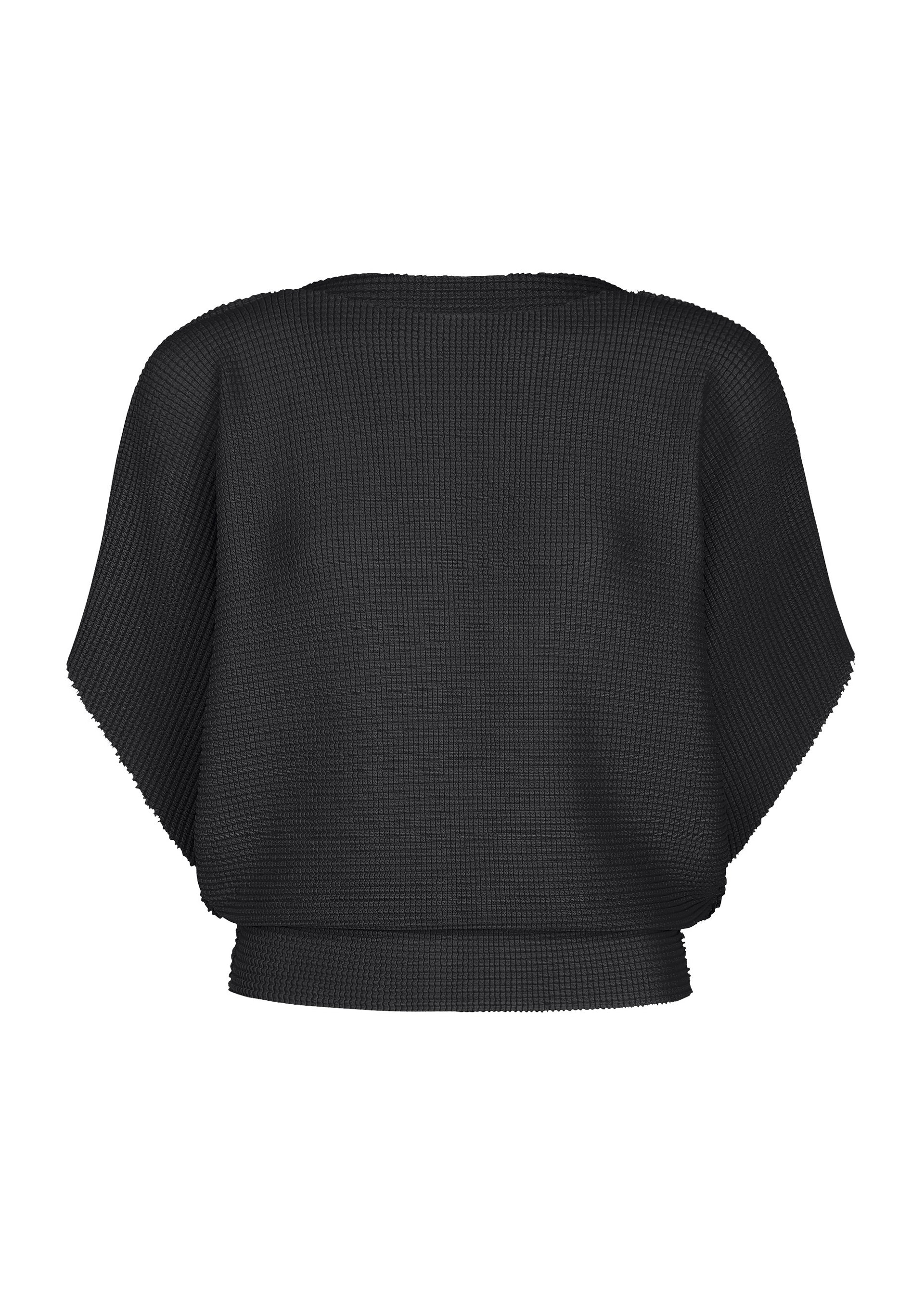 Zoomed view The TOWER KNIT STRETCH PLEATS top by me ISSEY MIYAKE is shown from the back against a white background. This black, short-sleeved top features soft-textured pleats in a stretchy knit fabric, with a loose fit that emphasizes its unique texture and comfortable style. - BLACK （no.15）
