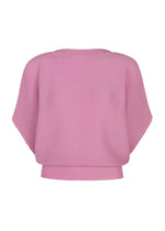 The me ISSEY MIYAKE TOWER KNIT STRETCH PLEATS is a soft-textured, light pink short-sleeved top with a wide neckline and loose fit, featuring subtle knit stretch pleats. It is displayed on a plain white background. - ROSE PINK （no.20）