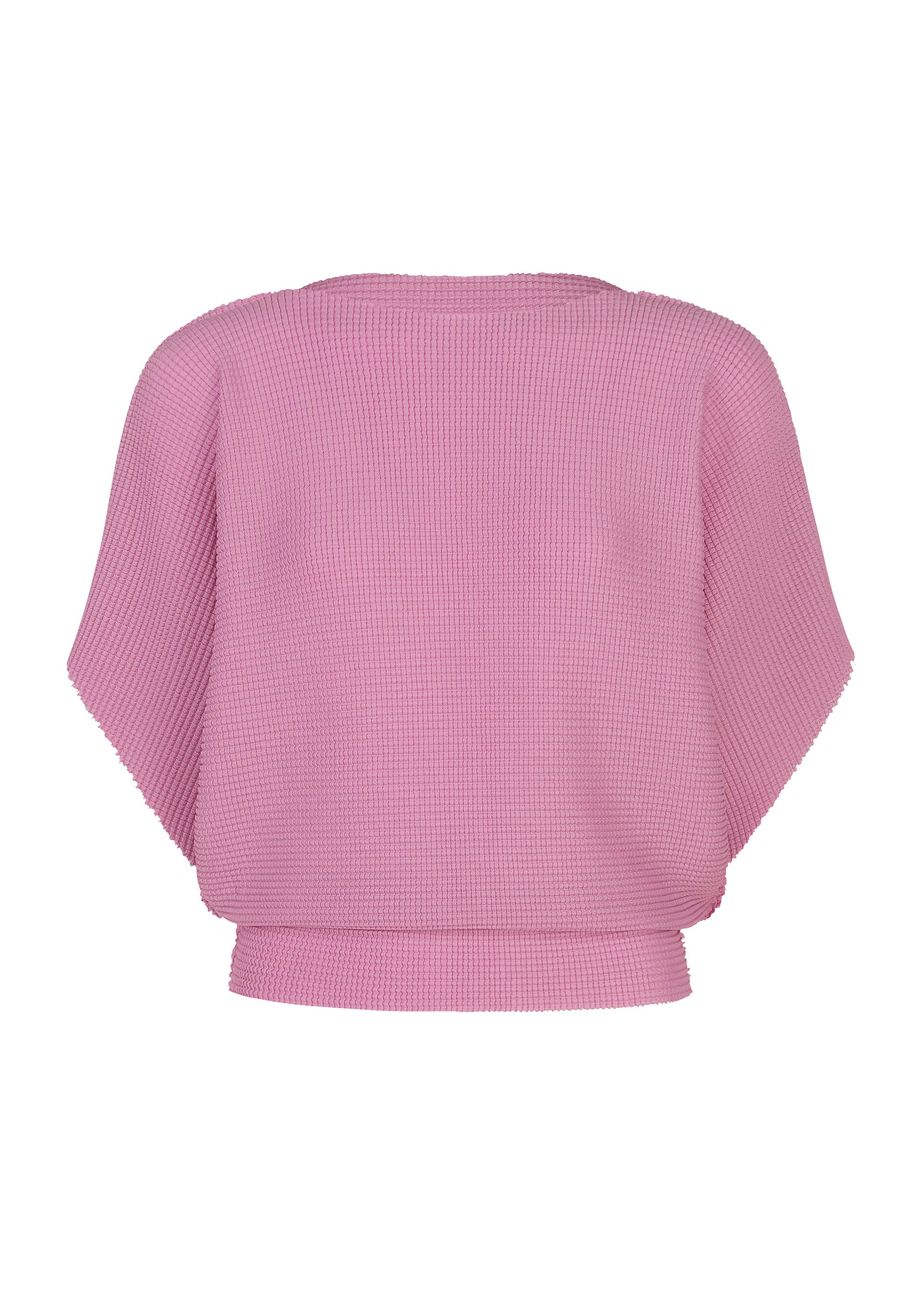 Zoomed view The me ISSEY MIYAKE TOWER KNIT STRETCH PLEATS is a soft-textured, light pink short-sleeved top with a wide neckline and loose fit, featuring subtle knit stretch pleats. It is displayed on a plain white background. - ROSE PINK （no.20）