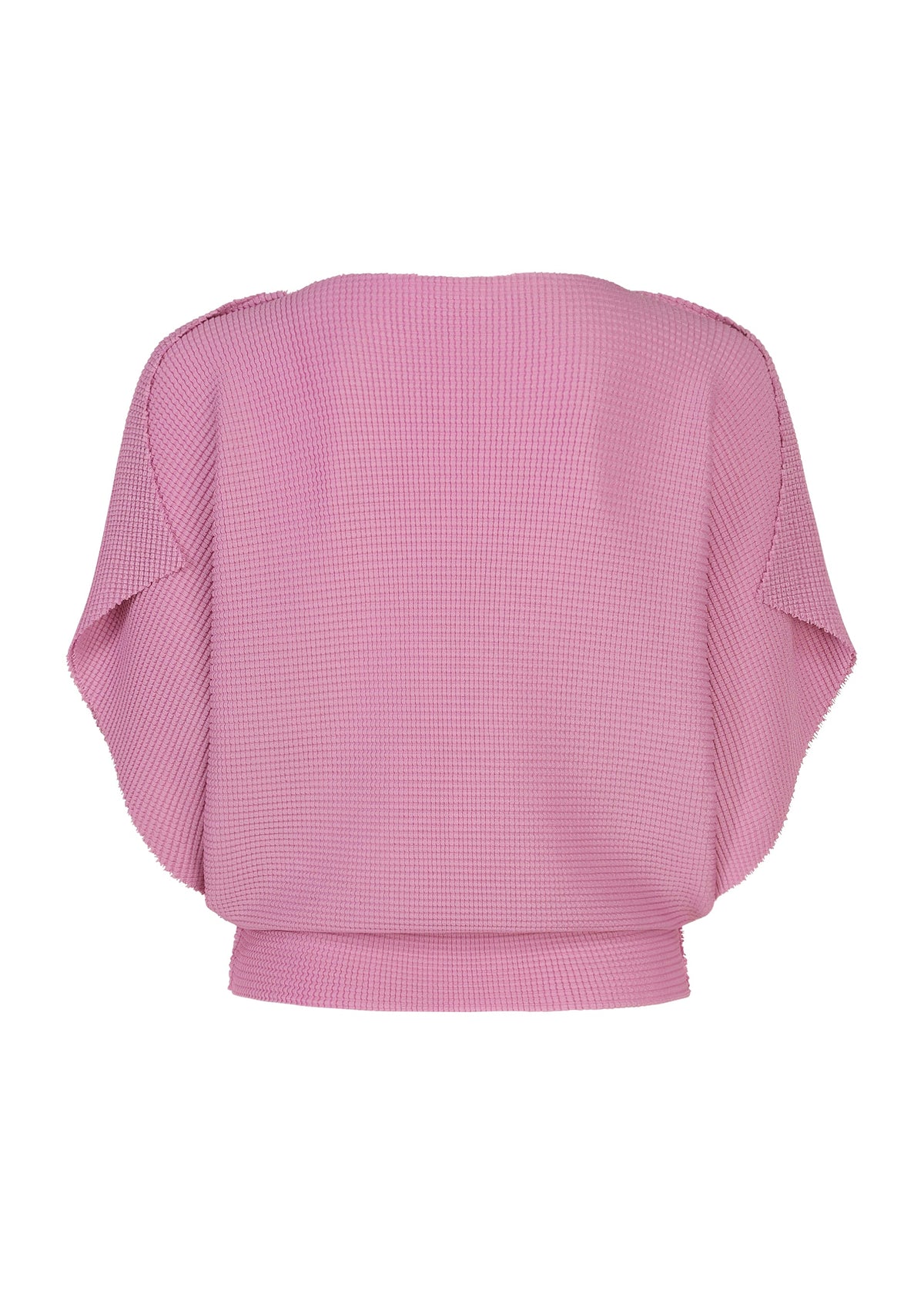 The TOWER KNIT STRETCH PLEATS top by me ISSEY MIYAKE is displayed flat against a white background, showcasing its loose, flowing silhouette and wide, short sleeves. Crafted from a soft-textured knit with subtle stretch pleats in light pink, this blouse radiates effortless comfort and style. view 4 of 8