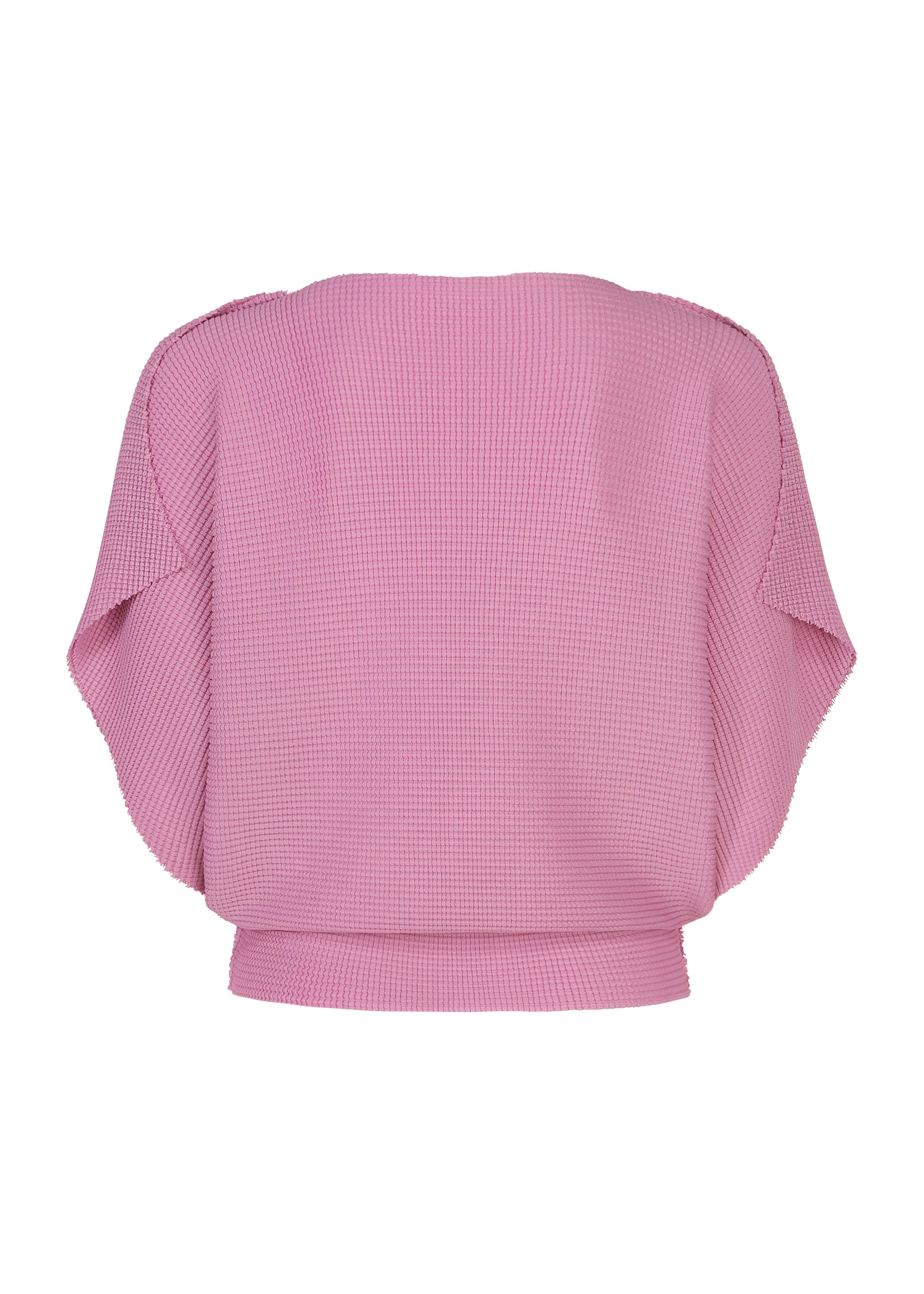 Zoomed view The TOWER KNIT STRETCH PLEATS top by me ISSEY MIYAKE is displayed flat against a white background, showcasing its loose, flowing silhouette and wide, short sleeves. Crafted from a soft-textured knit with subtle stretch pleats in light pink, this blouse radiates effortless comfort and style.