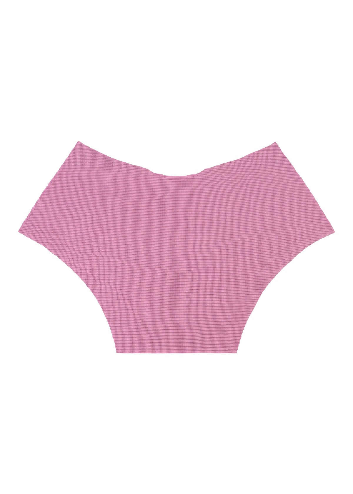 A pair of pink TOWER KNIT STRETCH PLEATS underwear by me ISSEY MIYAKE is laid flat on a white background, displaying the seamless full front and sides. Made from a soft, textured knit fabric, this piece delivers exceptional everyday comfort. view 5 of 8