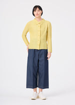 A person stands against a white background wearing me ISSEY MIYAKE KNIT STRETCH PLEATS 1 wide-leg blue cropped pants, a yellow knit cardigan, and white shoes.
