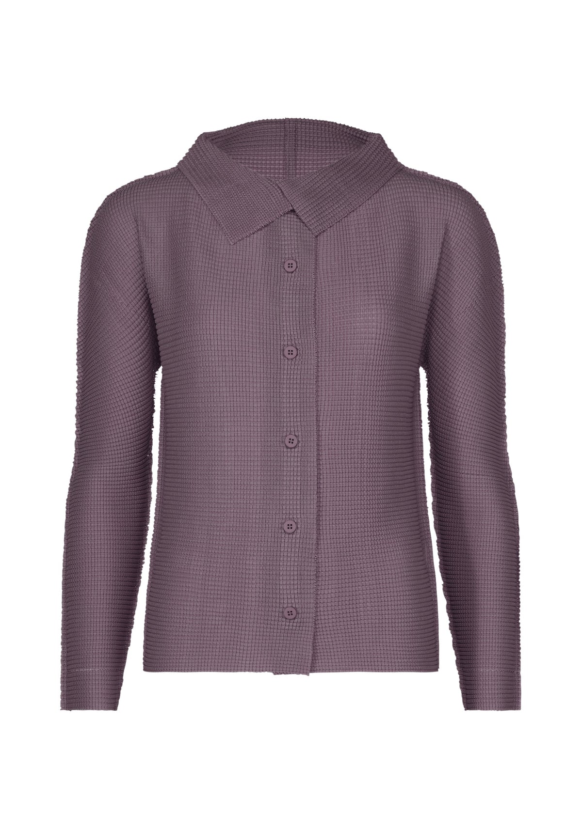 The KNIT STRETCH PLEATS 1 by me ISSEY MIYAKE is a long-sleeve, button-up shirt in soft purple fabric with a wide collar, shown against a white background. view 1 of 8