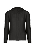 The KNIT STRETCH PLEATS 1 by me ISSEY MIYAKE is a black, long-sleeve button-up with a soft, grid-textured fabric and pointed collar, shown on a white background. - BLACK （no.15）