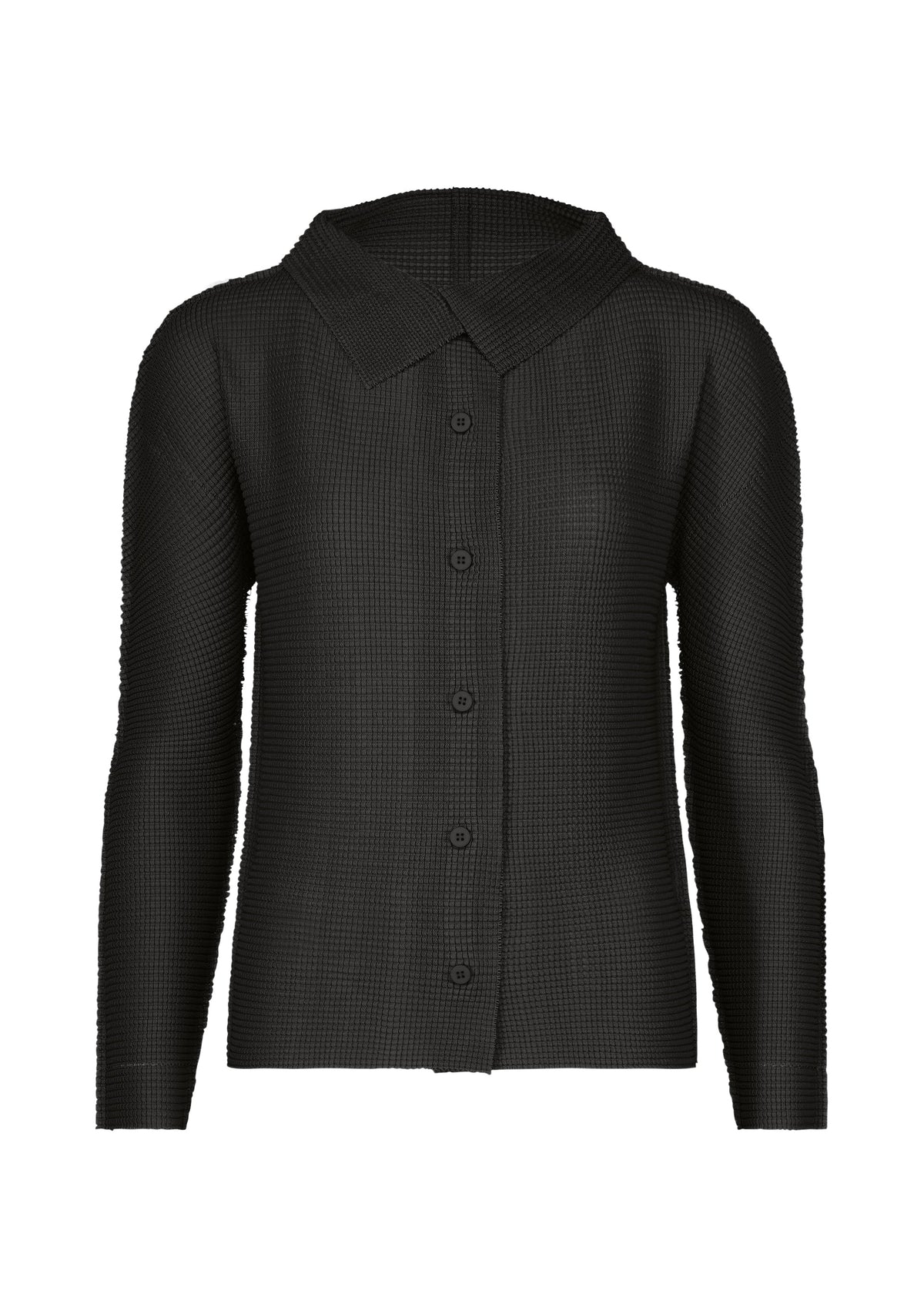 Zoomed view The KNIT STRETCH PLEATS 1 by me ISSEY MIYAKE is a black, long-sleeve button-up with a soft, grid-textured fabric and pointed collar, shown on a white background. - BLACK （no.15）