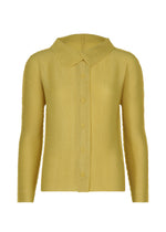 The KNIT STRETCH PLEATS 1 by me ISSEY MIYAKE is a yellow, soft-textured long-sleeve shirt with a pointed collar and front buttons, displayed on a plain white background. - CREAM YELLOW （no.50）