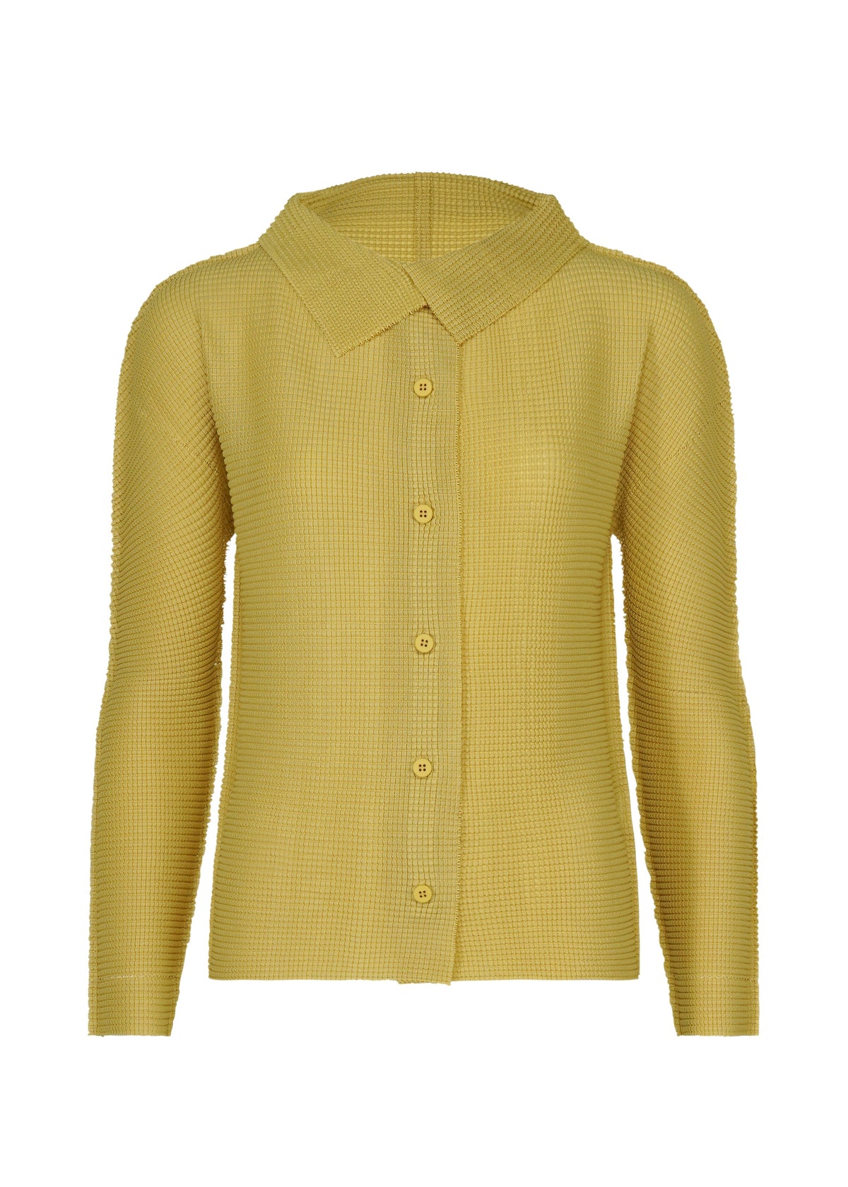 Zoomed view The KNIT STRETCH PLEATS 1 by me ISSEY MIYAKE is a yellow, soft-textured long-sleeve shirt with a pointed collar and front buttons, displayed on a plain white background. - CREAM YELLOW （no.50）