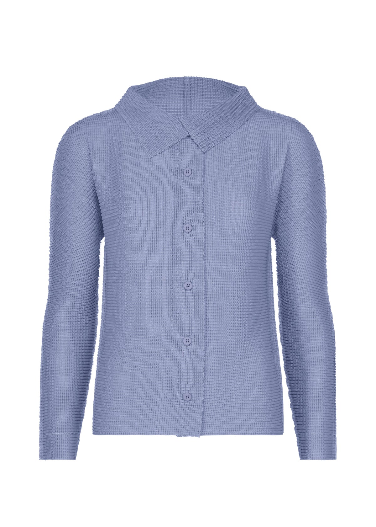The KNIT STRETCH PLEATS 1 by me ISSEY MIYAKE is a light blue, long-sleeved button-up with a soft textured fabric and wide collar, shown against a white background. view 4 of 8