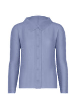 The KNIT STRETCH PLEATS 1 by me ISSEY MIYAKE is a light blue, long-sleeved button-up with a soft textured fabric and wide collar, shown against a white background. - LAVENDER （no.73）