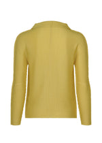 Back view of KNIT STRETCH PLEATS 1 by me ISSEY MIYAKE, a yellow long-sleeved cardigan with a soft ribbed texture and stretch pleats, displayed on a plain white background.