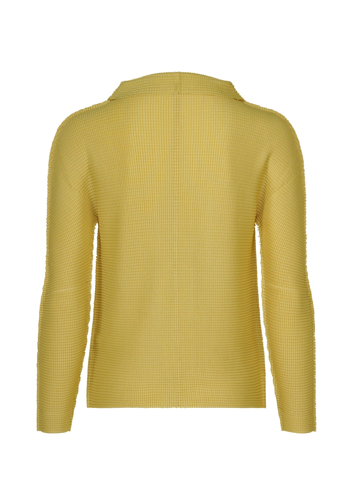 Zoomed view Back view of KNIT STRETCH PLEATS 1 by me ISSEY MIYAKE, a yellow long-sleeved cardigan with a soft ribbed texture and stretch pleats, displayed on a plain white background.