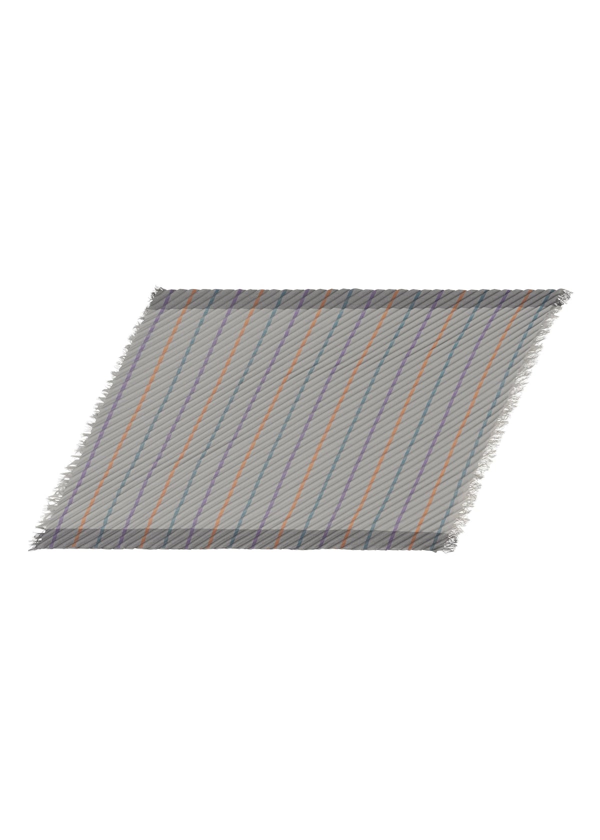 The STRIPE PLEATS STOLE by me ISSEY MIYAKE is a rectangular, fringed stole made from colorful yarn-dyed material, showcasing diagonal blue, orange, and purple stripes against a neutral background, displayed on a white surface. view 1 of 6
