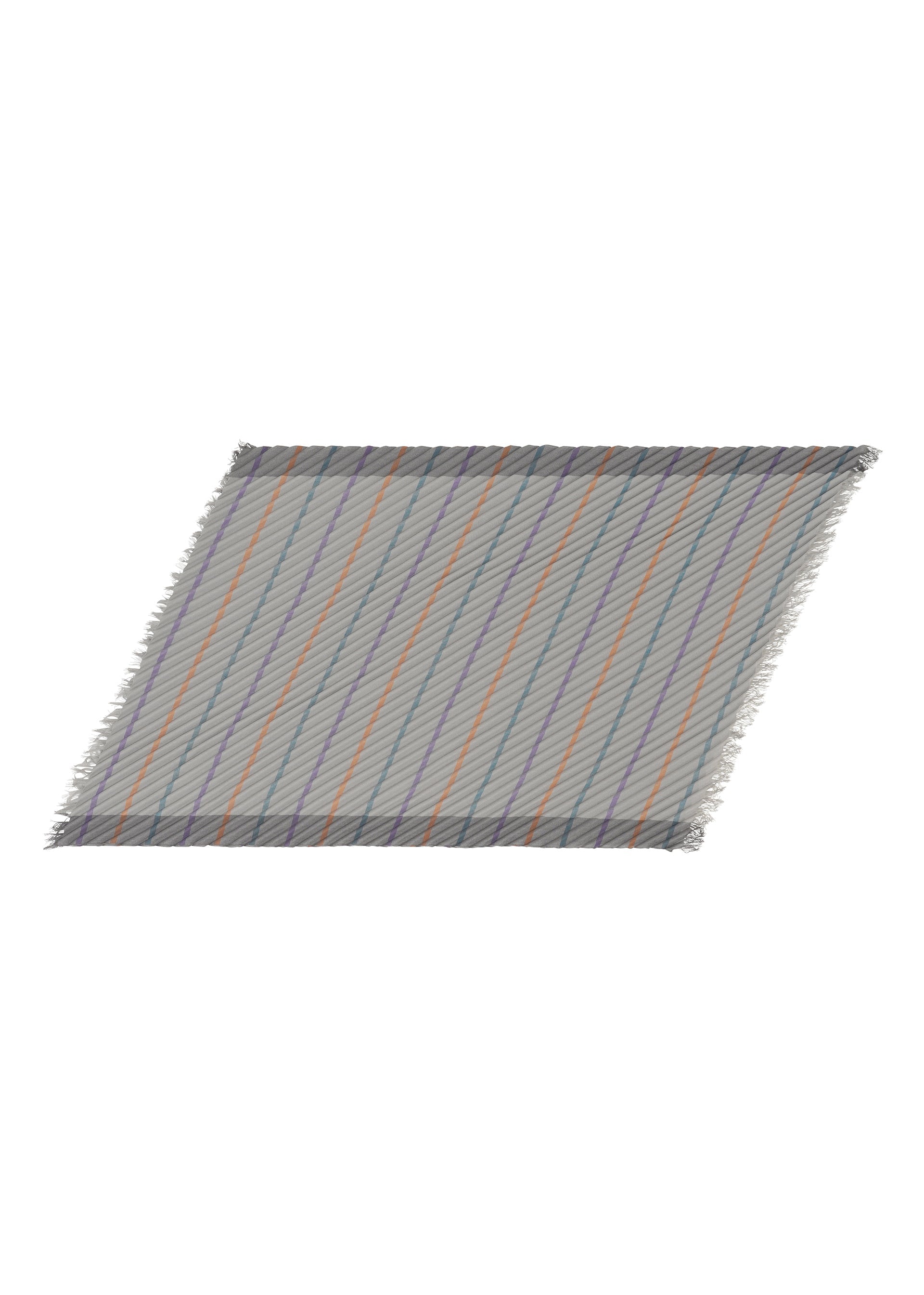 Zoomed view The STRIPE PLEATS STOLE by me ISSEY MIYAKE is a rectangular, fringed stole made from colorful yarn-dyed material, showcasing diagonal blue, orange, and purple stripes against a neutral background, displayed on a white surface. - GRAY-HUED （no.17）