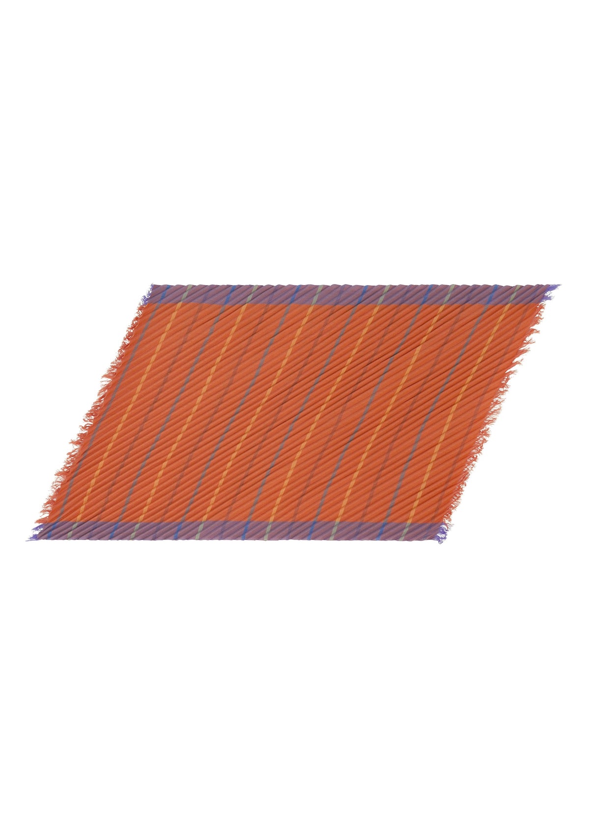 The STRIPE PLEATS STOLE by me ISSEY MIYAKE is displayed at an angle against a white background, showcasing its rectangular orange design accented with diagonal yellow stripes and blue fringed edges, reminiscent of a colorful yarn-dyed textile. view 2 of 6