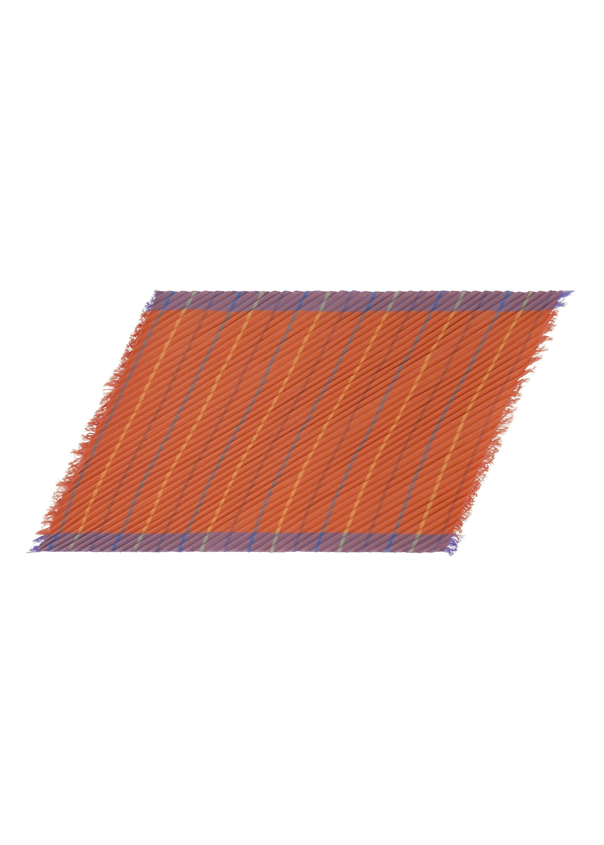 Zoomed view The STRIPE PLEATS STOLE by me ISSEY MIYAKE is displayed at an angle against a white background, showcasing its rectangular orange design accented with diagonal yellow stripes and blue fringed edges, reminiscent of a colorful yarn-dyed textile. - VERMILION-HUED （no.38）