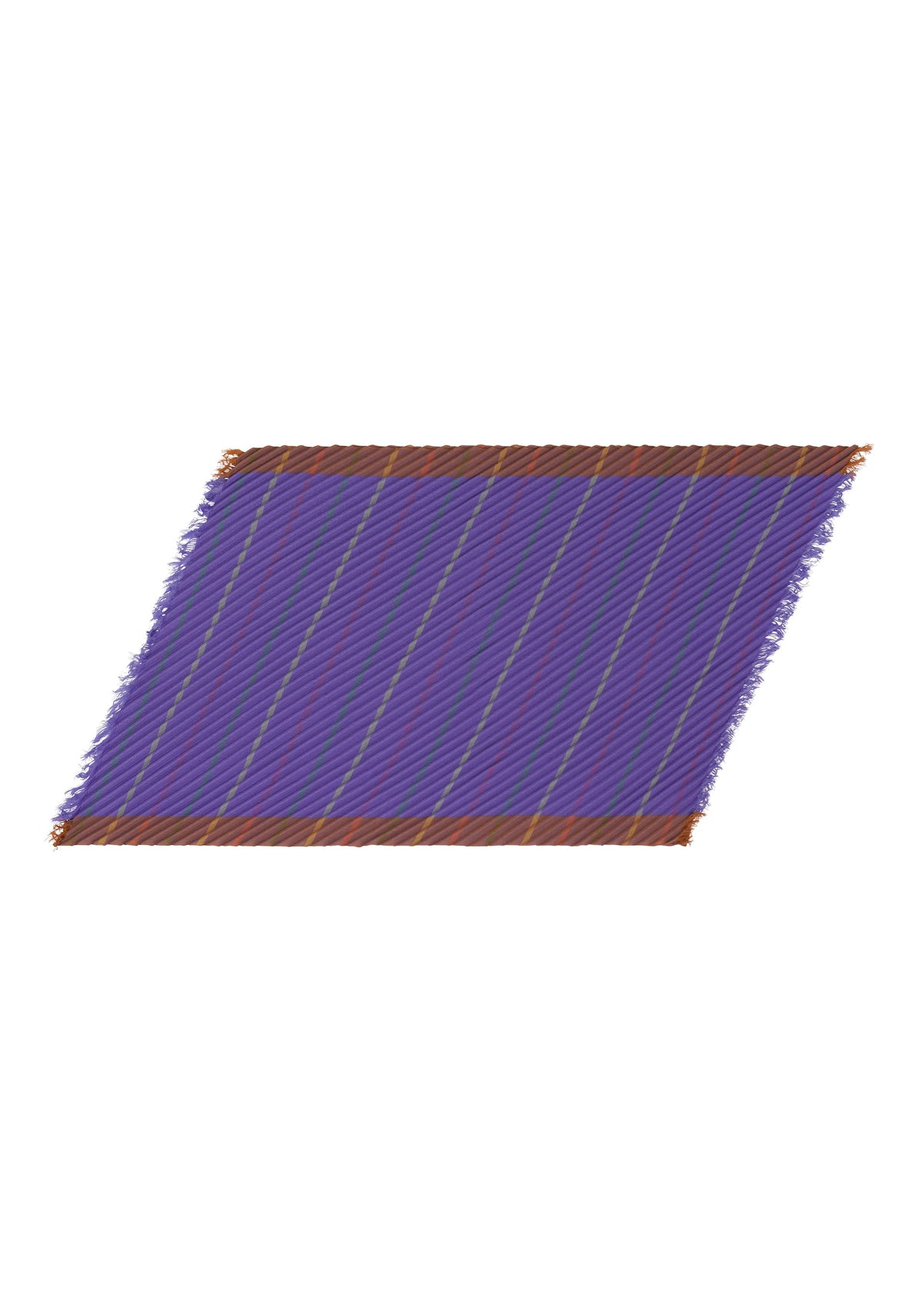 A purple rectangular STRIPE PLEATS STOLE by me ISSEY MIYAKE, featuring diagonal stripes, fringed edges, and brown borders—its vibrant yarn-dyed pattern and elegant woven texture evoke the artistry of a distinctive pleated accessory, beautifully displayed at an angle. view 3 of 6