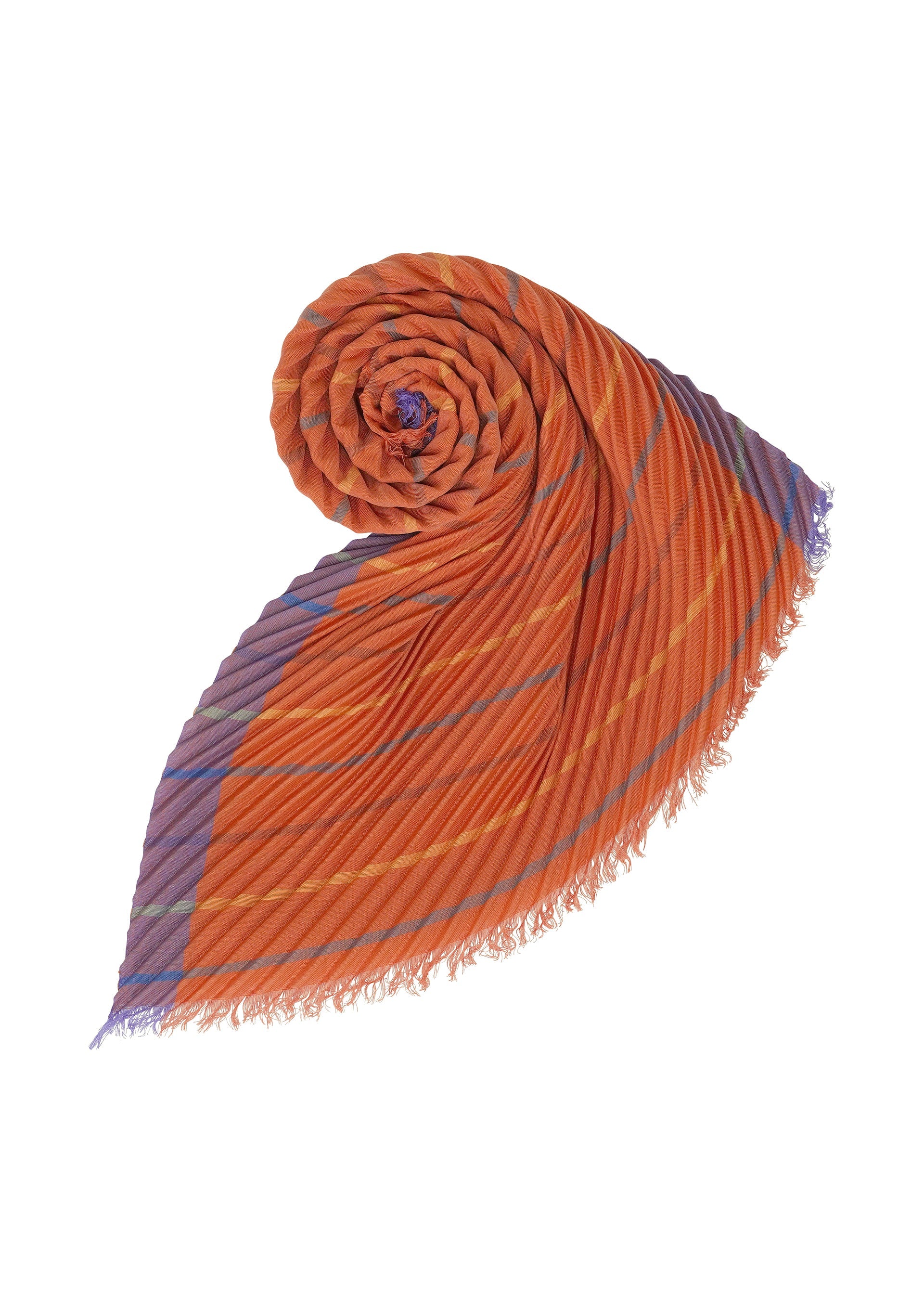 Zoomed view A STRIPE PLEATS STOLE by me ISSEY MIYAKE, featuring bold orange stripes with diagonal purple accents, is artfully folded into a spiral and fan shape. Its frayed edges and vibrant, pleated texture evoke the dynamic appearance of a colorful yarn-dyed accessory.