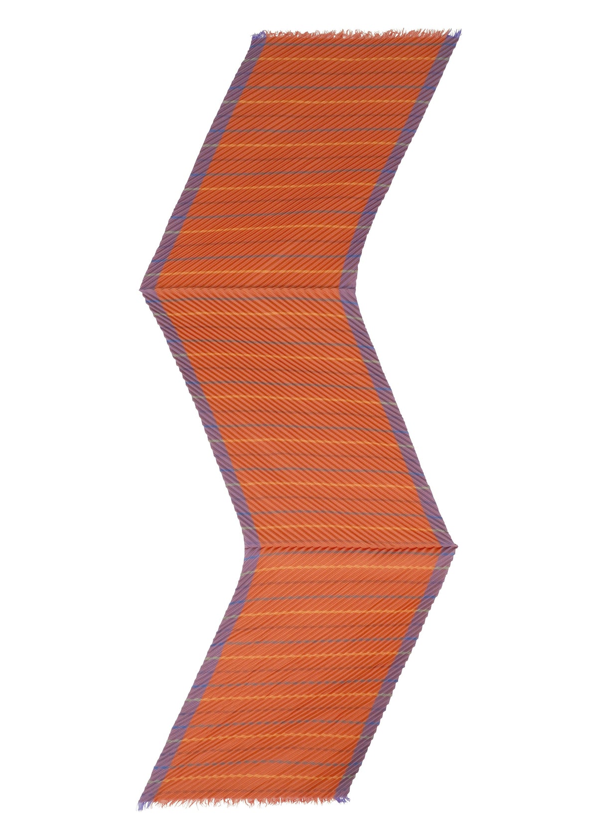 The STRIPE PLEATS STOLE by me ISSEY MIYAKE is a zigzag-shaped textile featuring diagonal orange and red stripes, bordered by a purple fringe on each edge, displayed against a white background. Crafted from colorful yarn-dyed threads, this vibrant stole offers added depth and striking visual interest. view 5 of 6