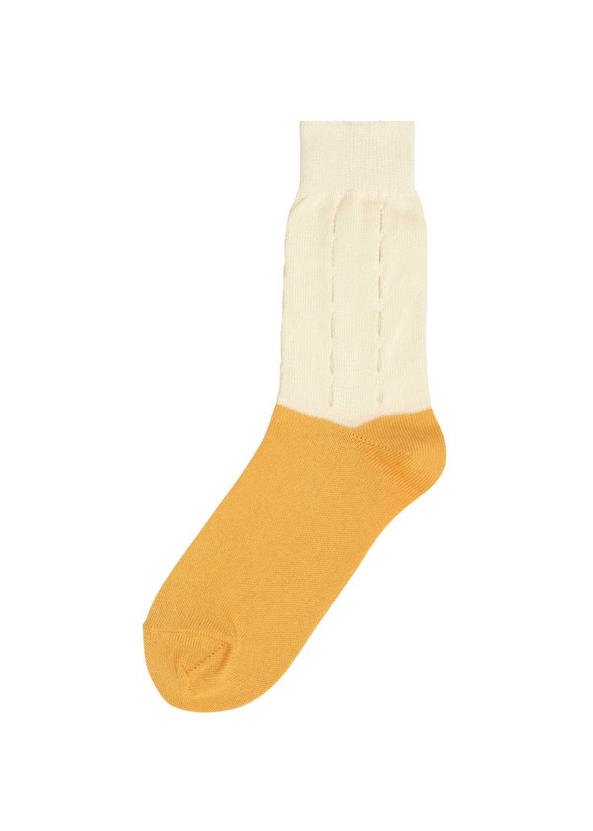 The FRUITS SOCKS by me ISSEY MIYAKE is a single crew sock with a white upper half featuring vertical stitched lines and a solid yellow lower half, adding subtle pop-art flair, shown against a plain white background. view 1 of 5