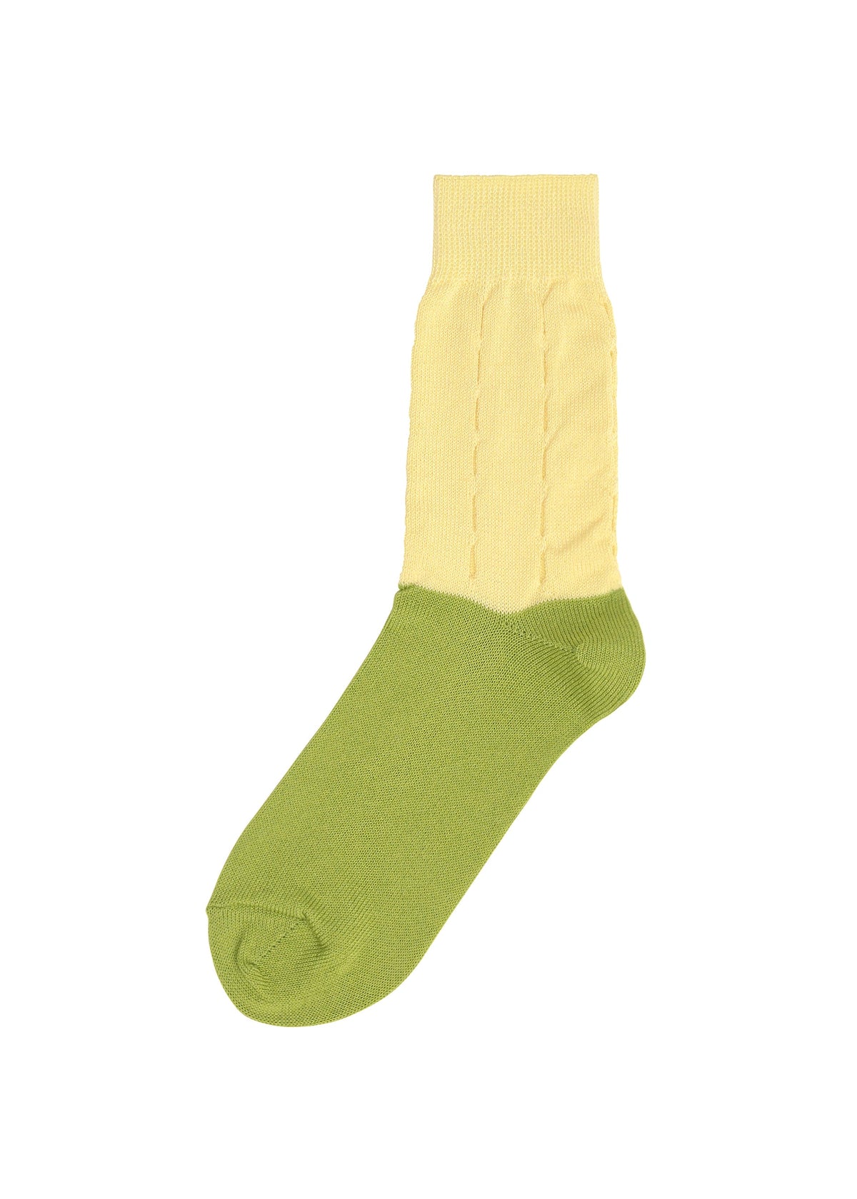 FRUITS SOCKS by me ISSEY MIYAKE: a unique single knit sock with an olive green foot and toe, and a pale yellow ribbed ankle and cuff. Displayed on a white background. view 3 of 5