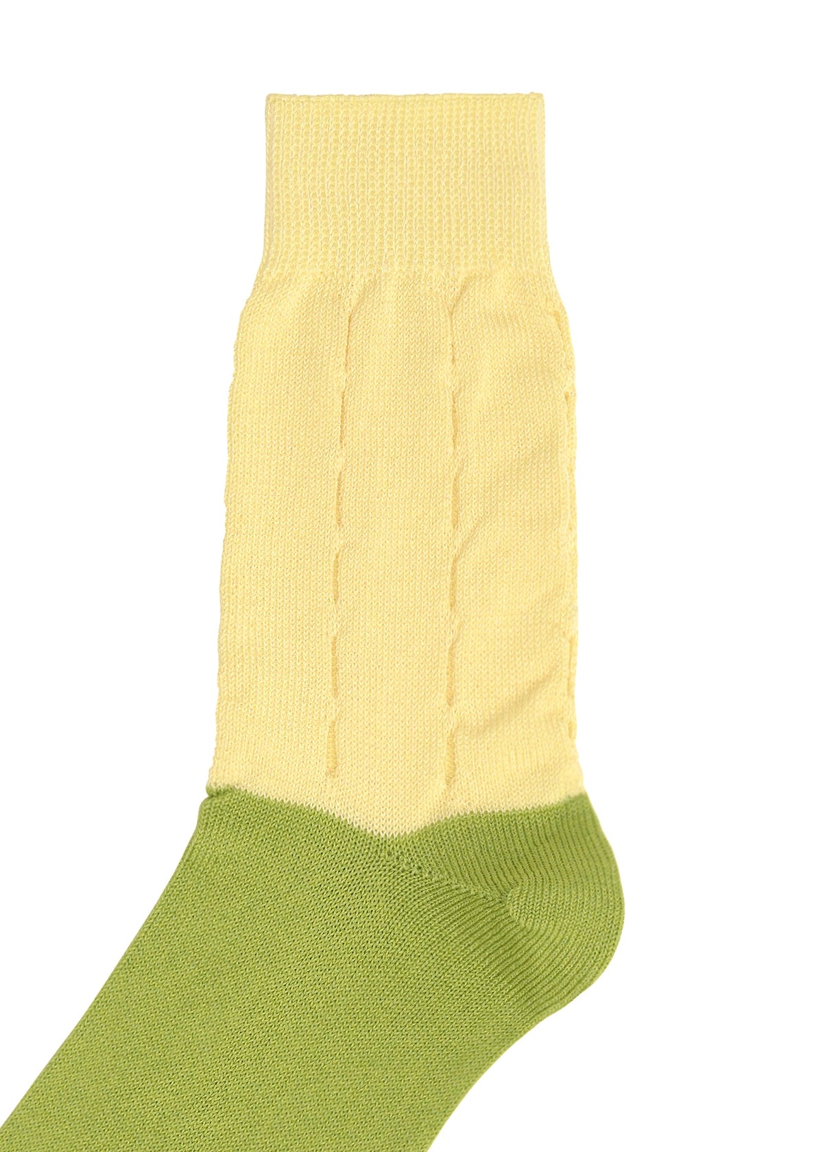 FRUITS SOCKS by me ISSEY MIYAKE: a unique knit sock with a light green foot and a pale yellow ribbed, textured upper, shown on a white background. view 4 of 5
