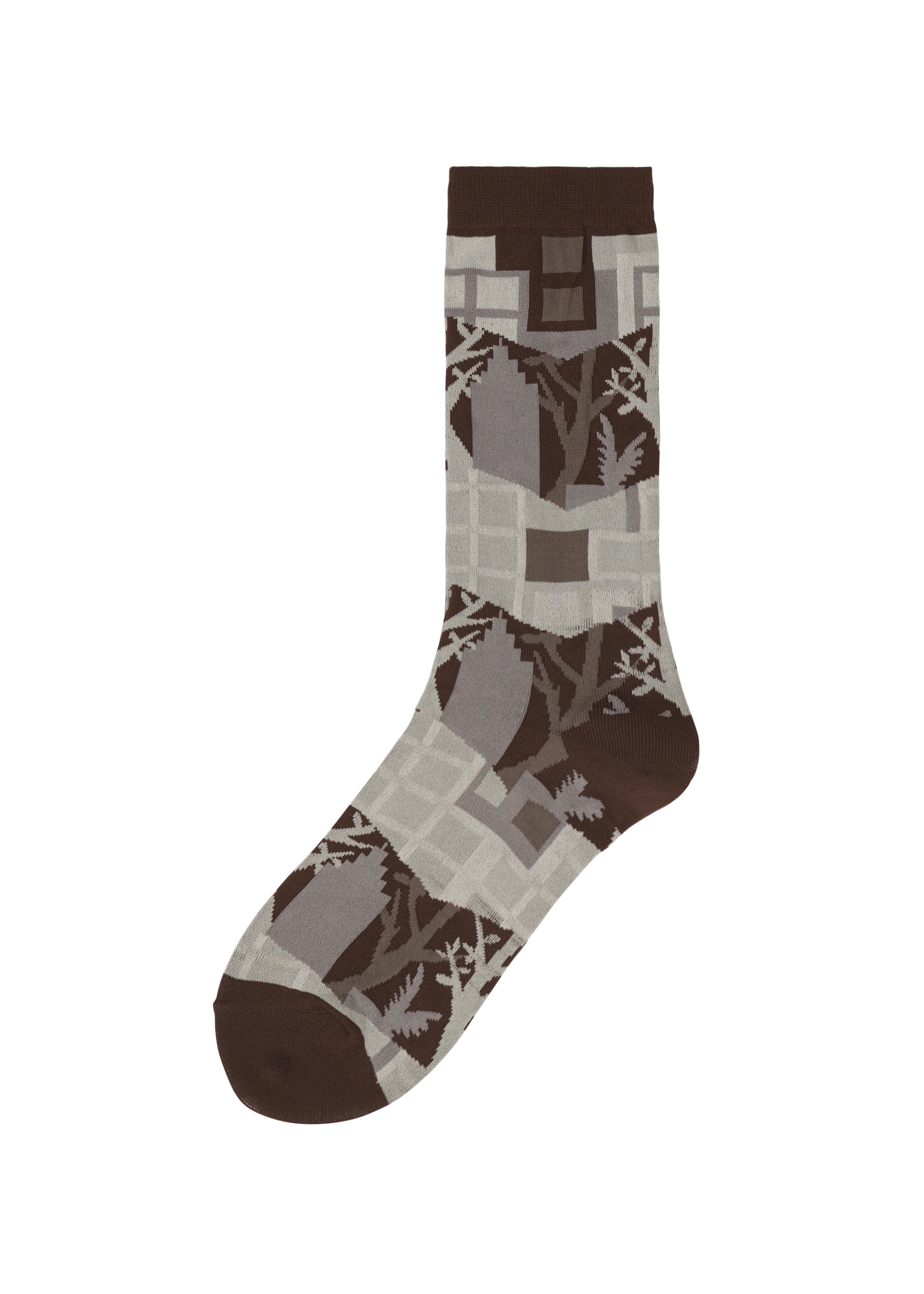 Zoomed view A single BUILDING SOCK by me ISSEY MIYAKE, featuring an abstract geometric and plant-inspired pattern in shades of brown and gray, inspired by rooftop gardens, displayed on a white background. - GRAY-HUED （no.17）