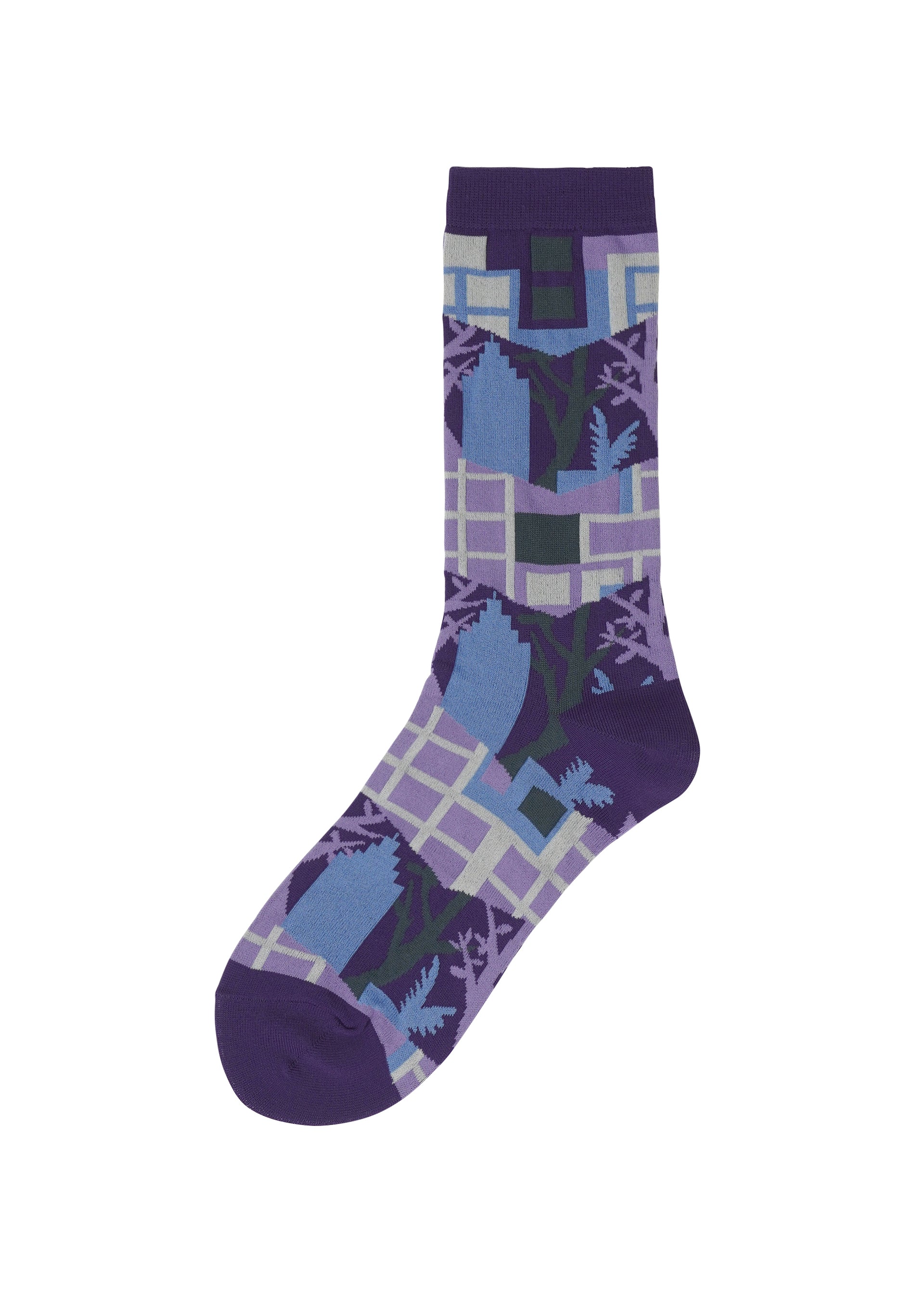 Zoomed view A single BUILDING SOCK from me ISSEY MIYAKE featuring a geometric and plant-inspired pattern in shades of purple, blue, and green, with a solid dark purple toe, heel, and cuff. - BLUE-HUED （no.78）