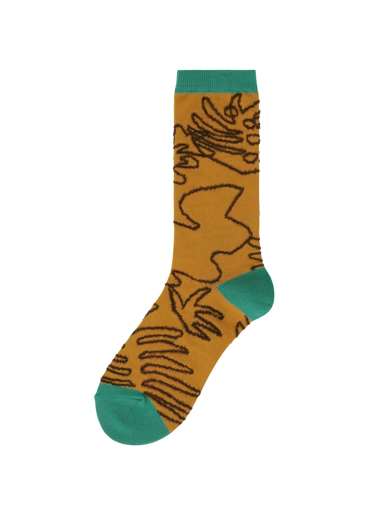 A single JUNGLE SOCK by me ISSEY MIYAKE in mustard yellow, featuring abstract black line patterns and teal accents on the toe, heel, and cuff, displayed on a white background. view 2 of 6