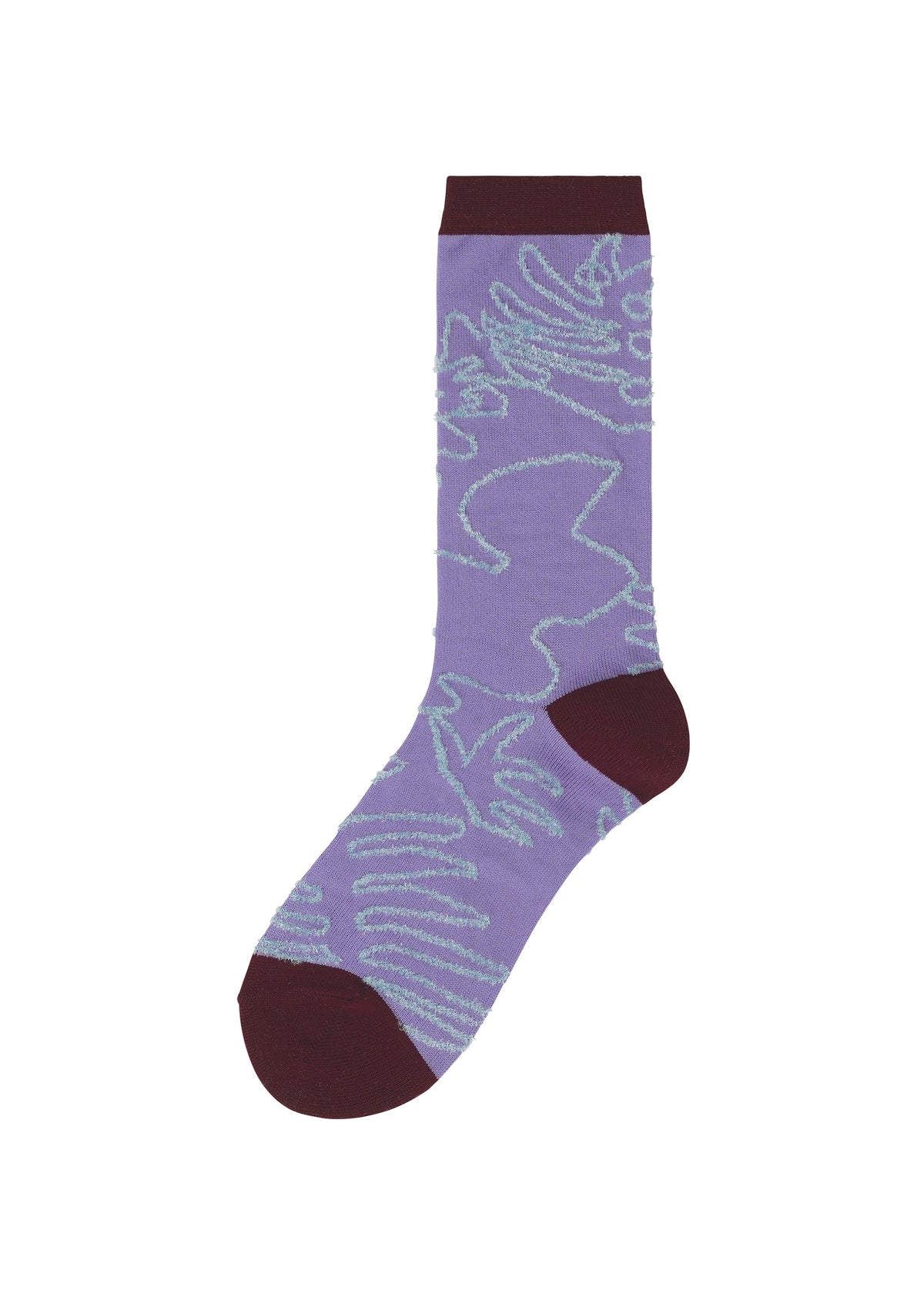 Zoomed view Introducing the JUNGLE SOCKS by me ISSEY MIYAKE: a single purple sock featuring abstract light blue line patterns and dark burgundy accents on the toe, heel, and cuff, reminiscent of modern plant pattern socks, displayed against a white background. - PURPLE-HUED （no.87）