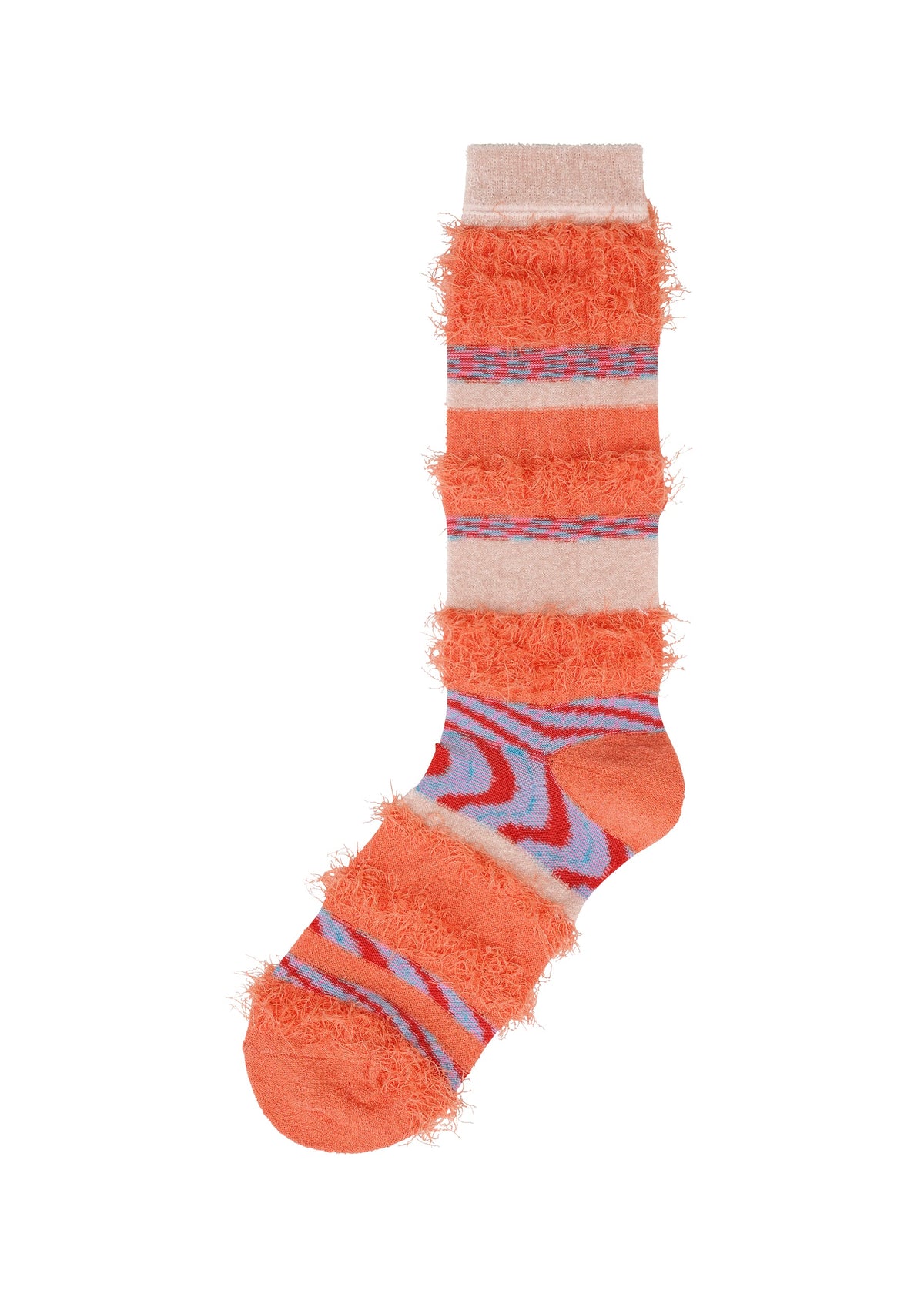 Zoomed view A single SHAGGY SOCKS by me ISSEY MIYAKE with orange, pink, and purple wavy stripes and alternating smooth and shaggy textures, perfect for colorful sock lovers. Shown on a white background. - PINK-HUED （no.27）