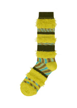 SHAGGY SOCKS by me ISSEY MIYAKE: a single yellow sock with green, brown, and blue fuzzy stripes and a colorful patterned foot—ideal for shaggy yarn sock fans—shown on a plain white background. - YELLOW-HUED （no.59）