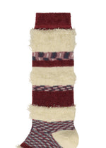 A single SHAGGY SOCKS by me ISSEY MIYAKE featuring cream and burgundy textured stripes with a patterned heel and toe, perfect for colorful sock lovers, isolated on a white background.
