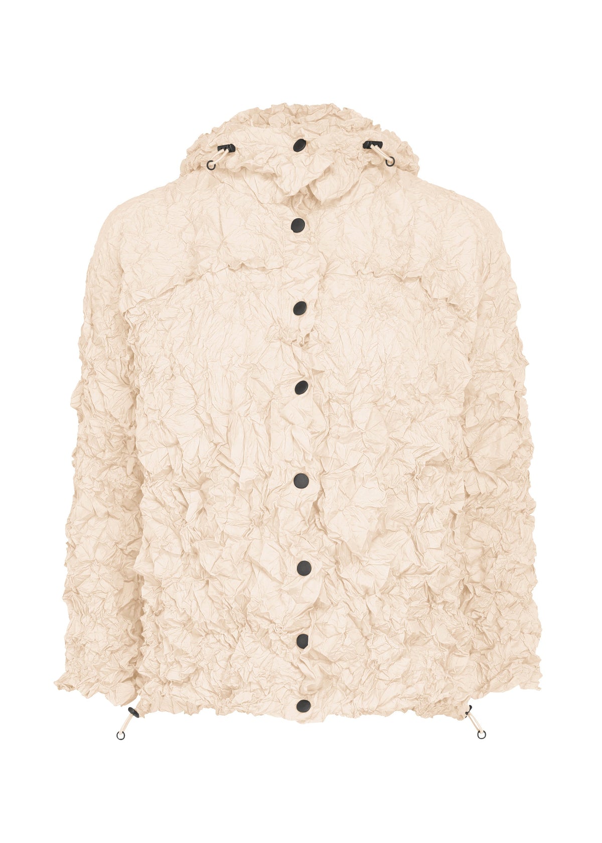 The MERINGUE PARKA by me ISSEY MIYAKE is a beige, packable jacket featuring a crinkled texture, black snap buttons, and adjustable drawstrings at the hood and hem. Made from lightweight water-repellent fabric, it is shown against a white background. view 1 of 12