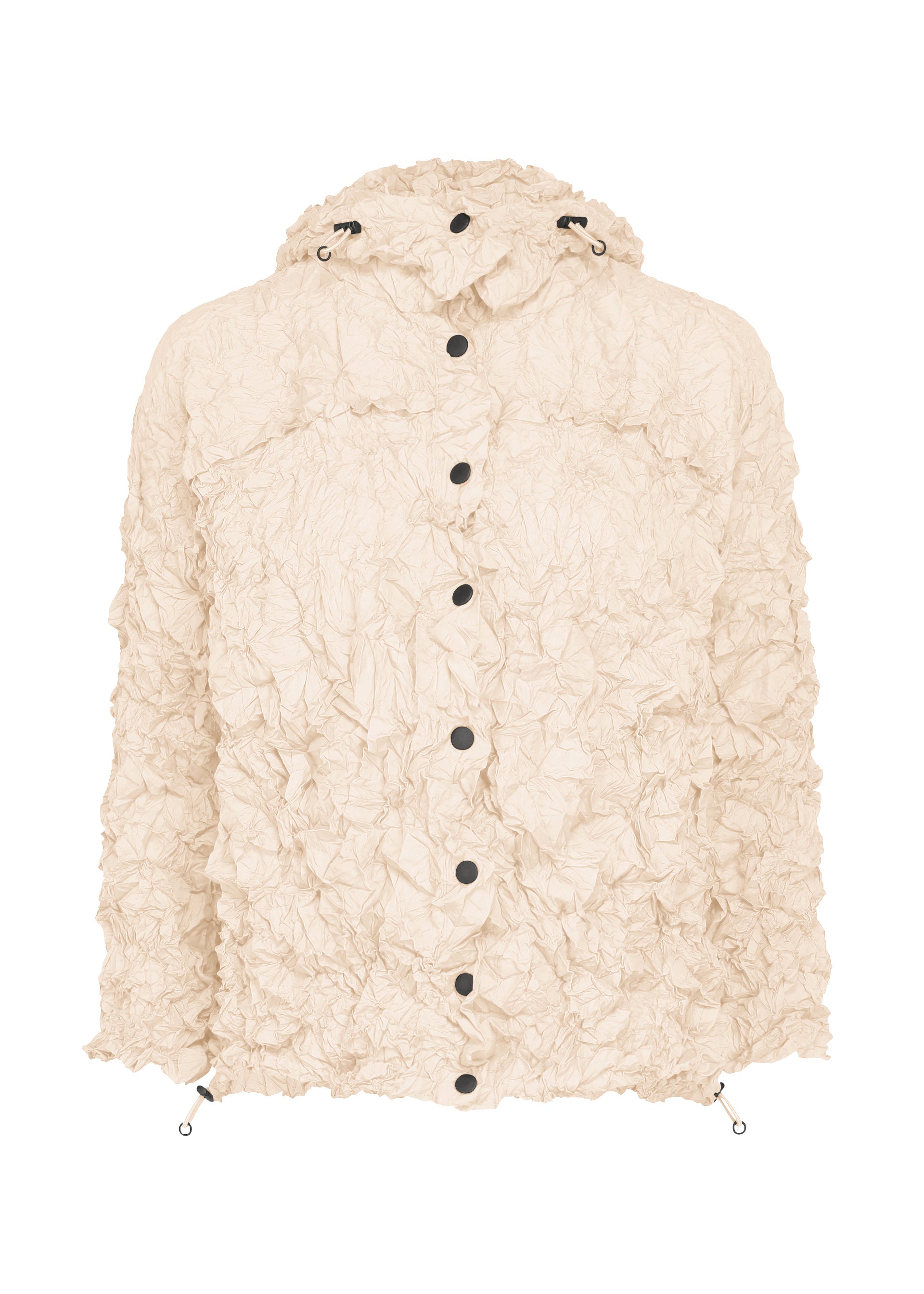 Zoomed view The MERINGUE PARKA by me ISSEY MIYAKE is a beige, packable jacket featuring a crinkled texture, black snap buttons, and adjustable drawstrings at the hood and hem. Made from lightweight water-repellent fabric, it is shown against a white background. - OFF WHITE （no.02）