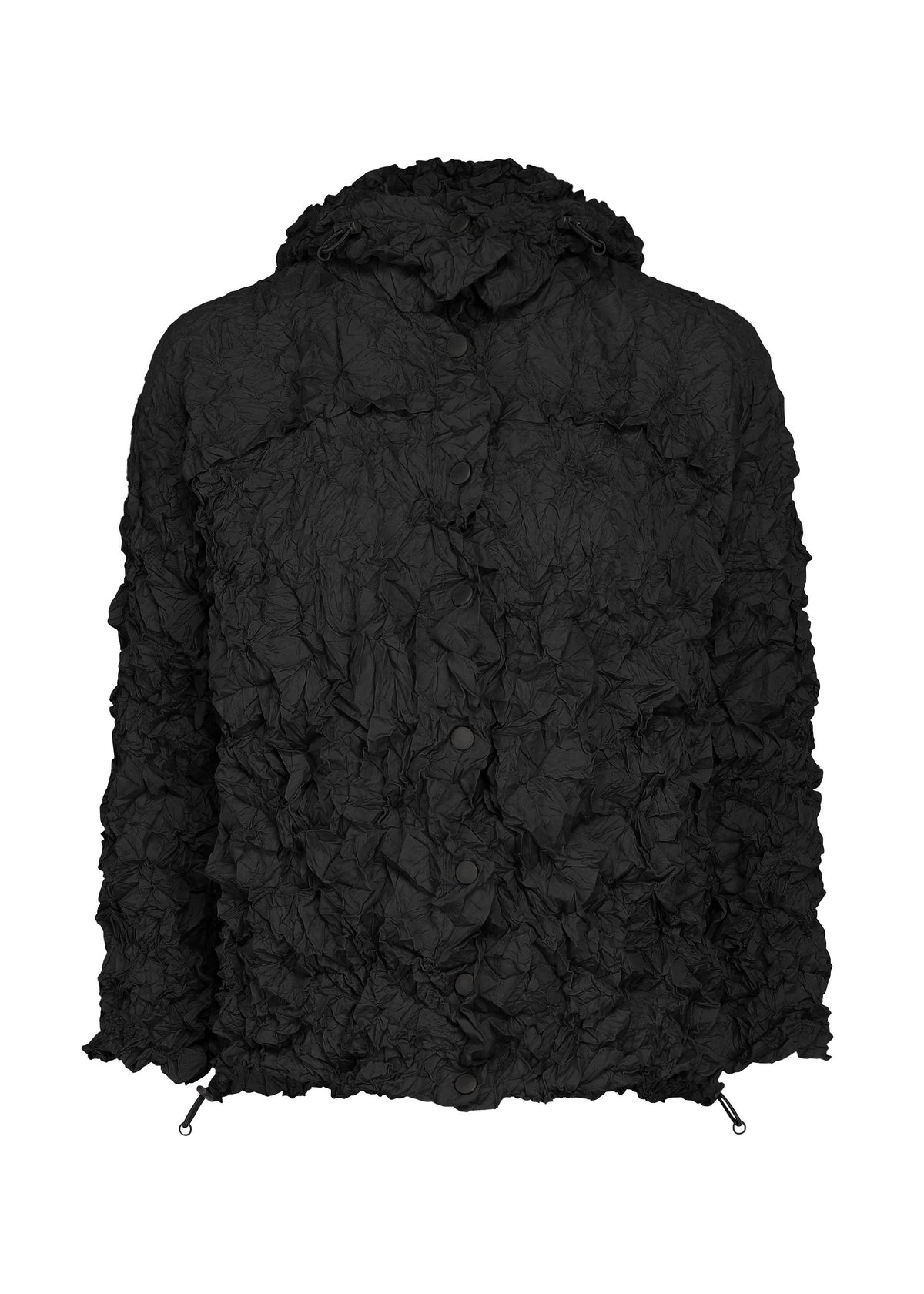 The MERINGUE PARKA by me ISSEY MIYAKE is a black long-sleeve jacket featuring crinkled, textured fabric, front buttons, and drawstring hems, shown against a white background. view 2 of 12