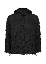 The MERINGUE PARKA by me ISSEY MIYAKE is a black long-sleeve jacket featuring crinkled, textured fabric, front buttons, and drawstring hems, shown against a white background. - BLACK （no.15）