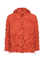 The MERINGUE PARKA by me ISSEY MIYAKE is a crinkled, textured orange lightweight water-repellant jacket featuring a hood, front snap buttons, and adjustable drawstrings at the waist and hood. - VERMILION （no.34）